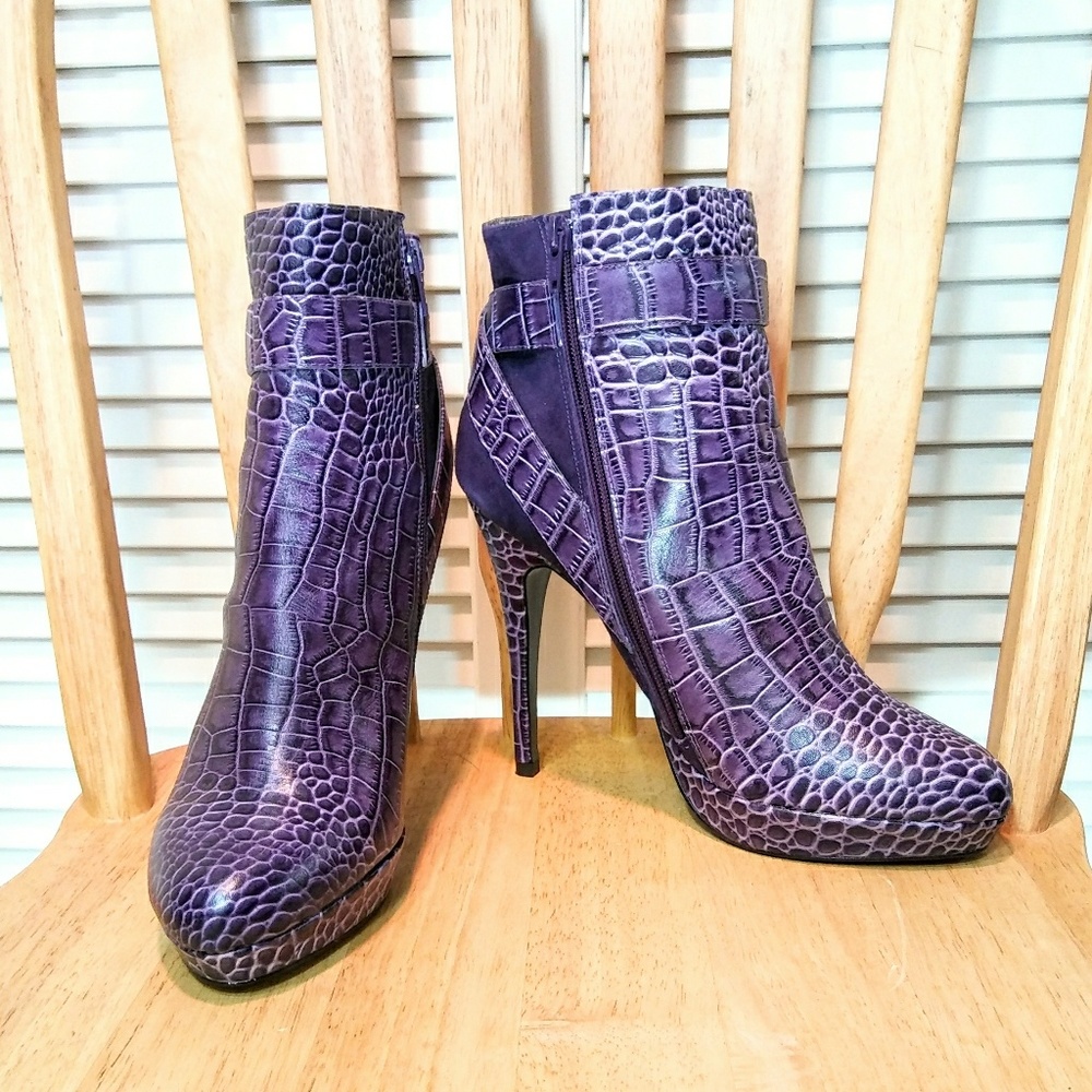 Charles David Faux Crocodile/Suede Platform Bootie Heels